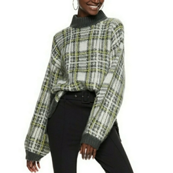 Nine West yellow & gray plaid mock neck sweater - Picture 1 of 10